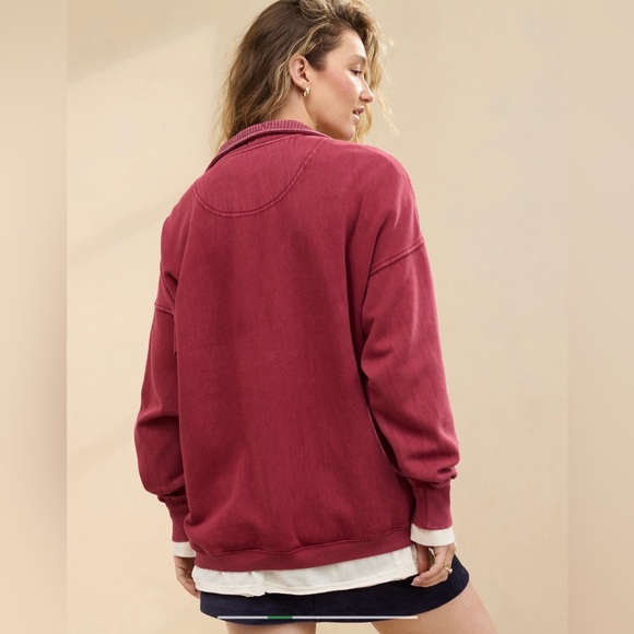 Aerie Women’s Oversized Getaway Quarter Snap Sweatshirt Color Cherry Tart M - Picture 3 of 7